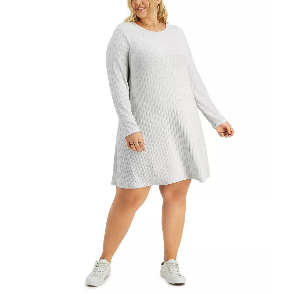 Style & Co Womens Plus Size 0X Long‎ Sleeve Ribbed-Knit Dress Silver Heather $59